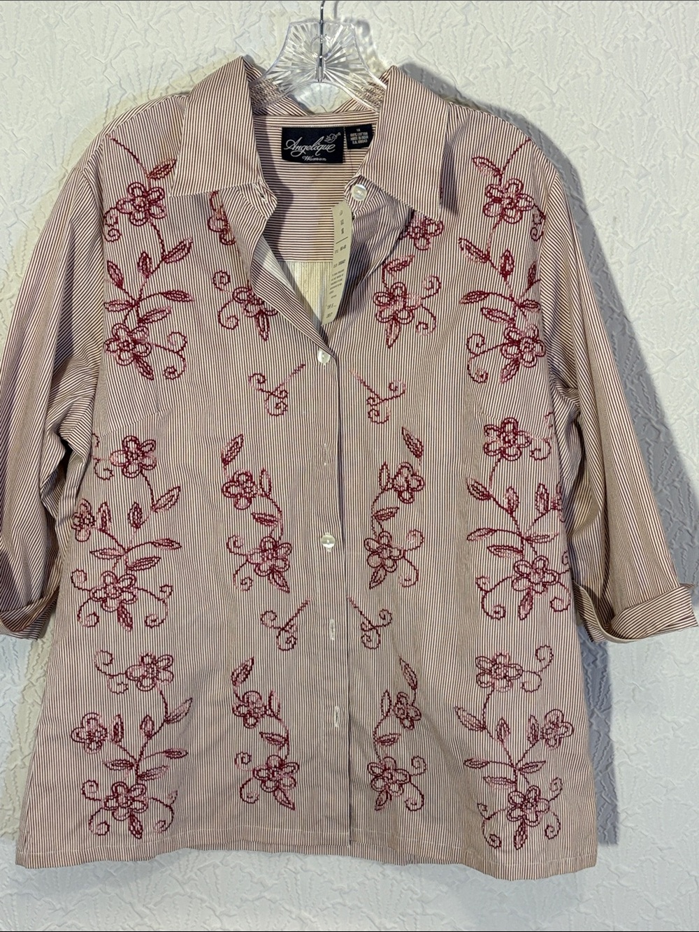 Angelique Woman Burgundy Stripe Button-Down Shirt Pink & Red Floral Embroidery